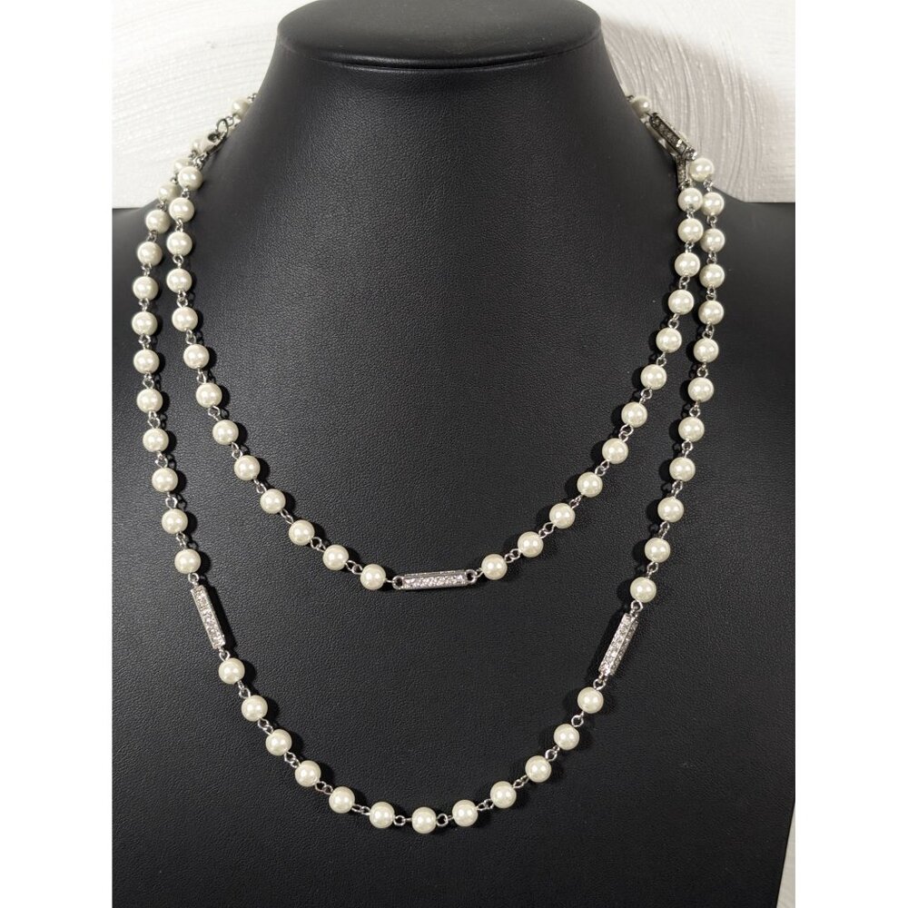 Retro White Faux Pearl Rhinestone Bar‎ Necklace Long Layering Bridal Wedding 40"